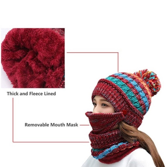 Red Women Winter Pompom Beanie Hat with Fleece Lined Face Mask and Gaiter Scarf - Picture 4 of 11